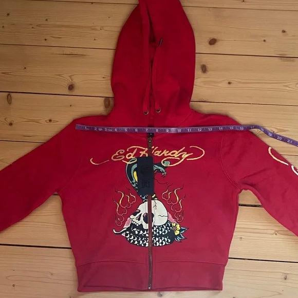 Ed Hardy Red Hoodie with Skull and Flames - Picture 2 of 5